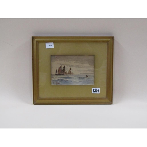 1205 - P.C BLEW - IN SHORE FISHING VESSELS, SIGNED WATERCOLOUR, F/G, 12CM X 18CM