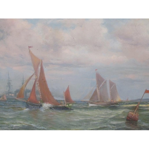 1208 - J CALLINGHAM 1917 - SAILNG VESSELS AND STEAM SHIP, SIGNED AND DATED, OIL ON BOARD, FRAMED, 30CM X 50... 