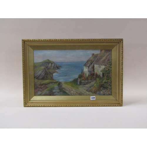 1209 - UNSIGNED 19C - CORNISH COVE, OIL ON BOARD, F/G, 29CM X 48CM