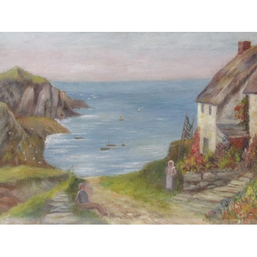 1209 - UNSIGNED 19C - CORNISH COVE, OIL ON BOARD, F/G, 29CM X 48CM