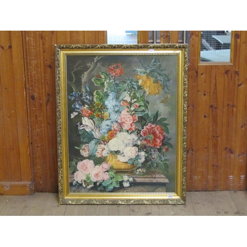 1212 - 19C OELOGRAPH - VASE OF FLOWERS ON BOARD, FRAMED, 89CMX 69CM