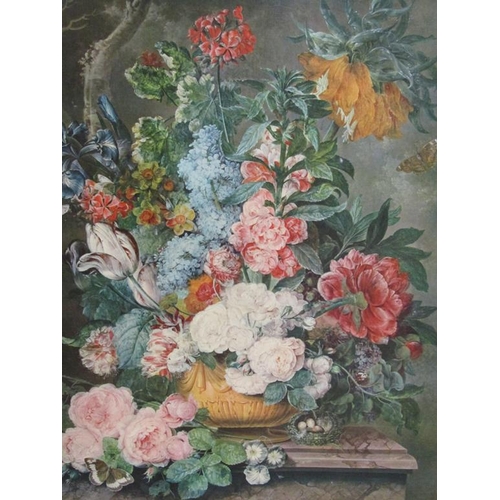 1212 - 19C OELOGRAPH - VASE OF FLOWERS ON BOARD, FRAMED, 89CMX 69CM