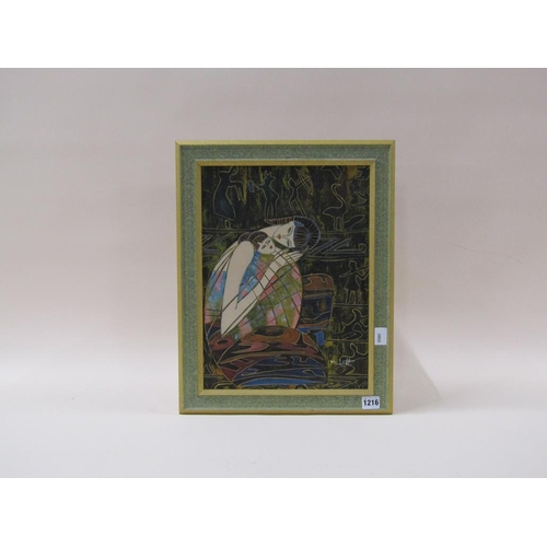 1216 - M LOTT - STYLISTIC MOTHER AND CHILD, SIGNED OIL ON CANVAS, FRAMED, 40CM X 29CM