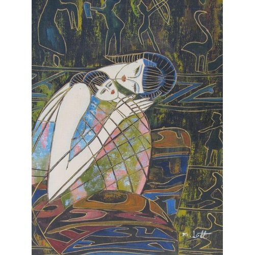 1216 - M LOTT - STYLISTIC MOTHER AND CHILD, SIGNED OIL ON CANVAS, FRAMED, 40CM X 29CM