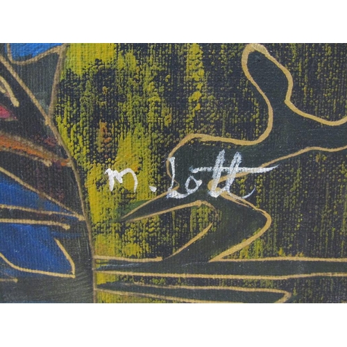 1216 - M LOTT - STYLISTIC MOTHER AND CHILD, SIGNED OIL ON CANVAS, FRAMED, 40CM X 29CM