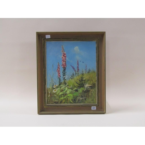 1221 - MONO G.F.C - GRASSY BANK OF FLOWERS, SIGNED OIL ON BOARD, FRAMED, 44CM X 35CM