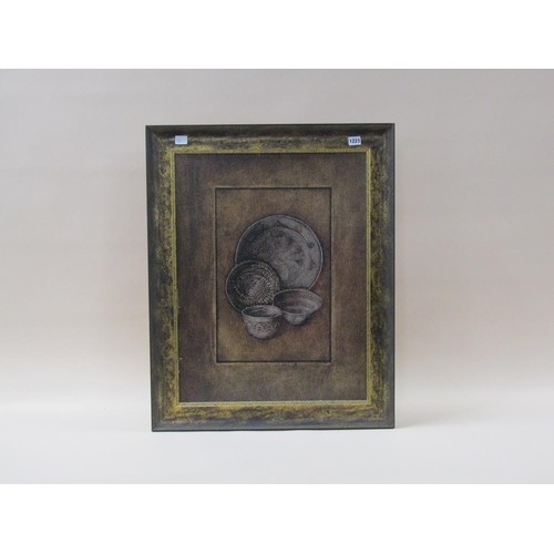 1223 - TWO CONTEMPORARY UNSIGNED OLEOGRAPHS - CERAMIC BOWLS AND PLATE, FRAMED, 64CM X 49CM