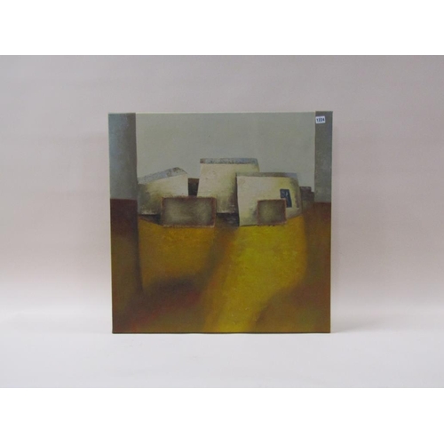 1224 - BARTON - BUILDING BLOCKS, OIL COLLAGE, SIGNED, OIL ON CANVAS, FRAMED, 76CM X 76CM