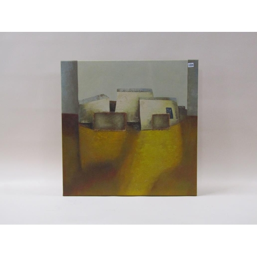 1224 - BARTON - BUILDING BLOCKS, OIL COLLAGE, SIGNED, OIL ON CANVAS, FRAMED, 76CM X 76CM