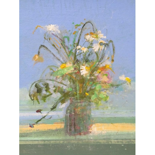 1225 - PAUL CURTIS - SUMMER FLOWERS, PORTMEOR BEACH, OIL ON BOARD, FRAMED, 50CM X 48CM