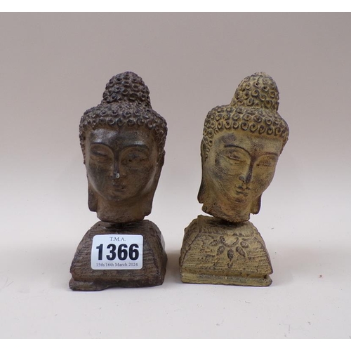 1366 - TWO BRONZED BUDDHA HEADS - 14CM H