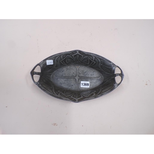 1369 - ART & CRAFTS TWO HANDLED PEWTER DISH, 31CM W