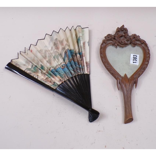 1383 - EARLY 20C CARVED HEART SHAPED WOODEN FRAMED HAND MIRROR, 28CM L, FAN