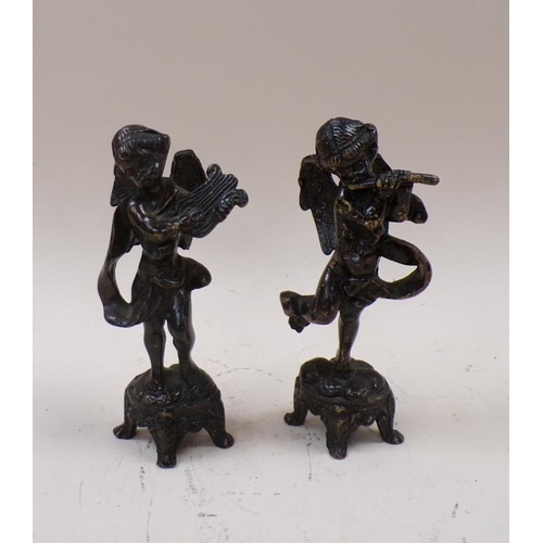 1404 - PAIR OF PATINATED BRONZED FIGURES - WINGED MUSICIANS, 16CM H