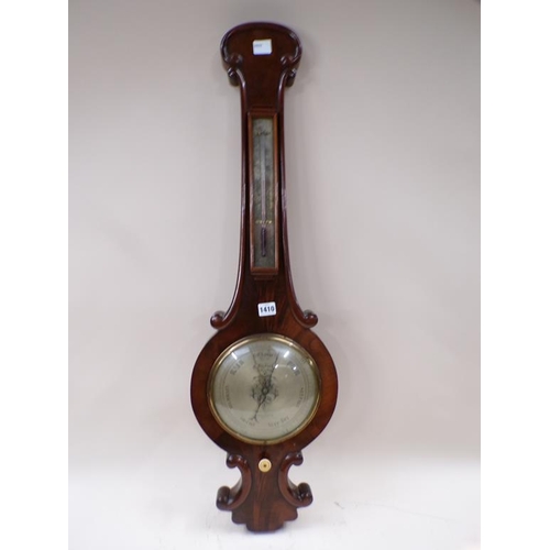 1410 - 19C MAHOGANY CASED WALL BANJO BAROMETER, 93CM L