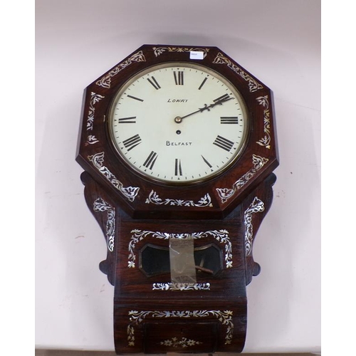 1413 - 19C ROSEWOOD MOTHER OF PEARL INLAID WALL CLOCK, DIAL SIGNED LOWRY BELFAST, 44CM W