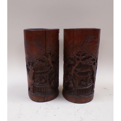 1433 - PAIR OF ORIENTAL CARVED BAMBOO VASES, 26CM H