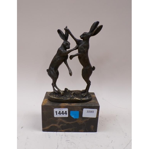 1444 - BRONZED BOXING HARES, 25CM H TOTAL