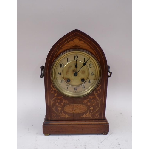 1445 - EDWARDIAN INLAID MANTEL CLOCK, 31CM H