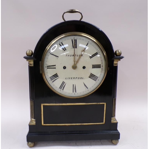 1452 - EARLY 19C EBONISED BRACKET CLOCK, DIAL SIGNED THOMPSON OF LIVERPOOL, 44CM H