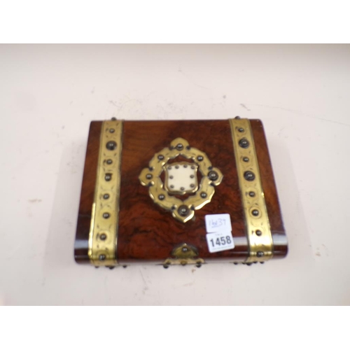 1458 - 19C VICTORIAN BURR WALNUT BRASS BOUNDED STATIONERY BOX, 27CM W