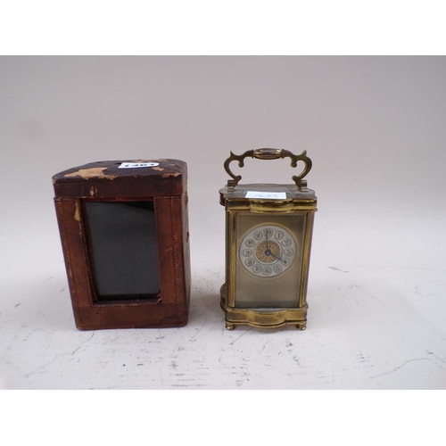 1461 - 19C BRASS CASED CARRIAGE CLOCK WITH LEATHER CASE, 14CM H