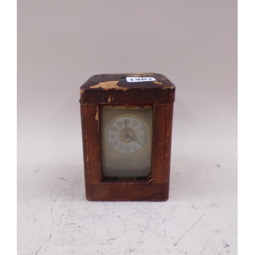 1461 - 19C BRASS CASED CARRIAGE CLOCK WITH LEATHER CASE, 14CM H