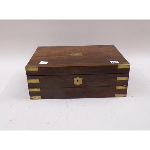 1463 - 19C ROSEWOOD BRASS BOUNDED WRITING BOX, 41CM W