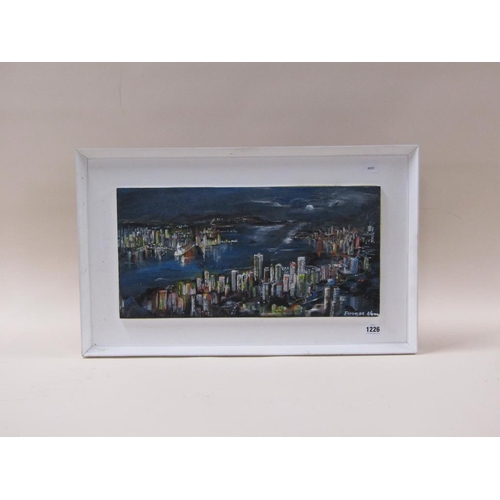 1226 - ELEANOR HANN - CONTEMPORARY OIL ON PANEL, CITY WITH MOON RISING, FRAMED, 26CM X 51CM