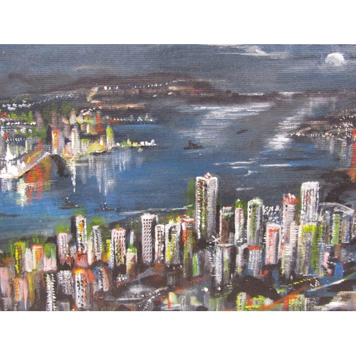 1226 - ELEANOR HANN - CONTEMPORARY OIL ON PANEL, CITY WITH MOON RISING, FRAMED, 26CM X 51CM