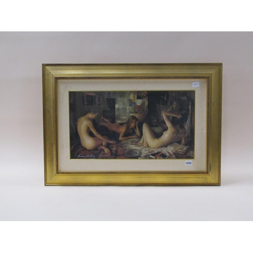 1233 - ROMANO STEFAN ELLI - THREE NAKED FEAMLES, FRAMED COLOURED OELOGRAPH PRINT 149/1500, F/G, 30CM X 56CM