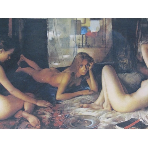 1233 - ROMANO STEFAN ELLI - THREE NAKED FEAMLES, FRAMED COLOURED OELOGRAPH PRINT 149/1500, F/G, 30CM X 56CM