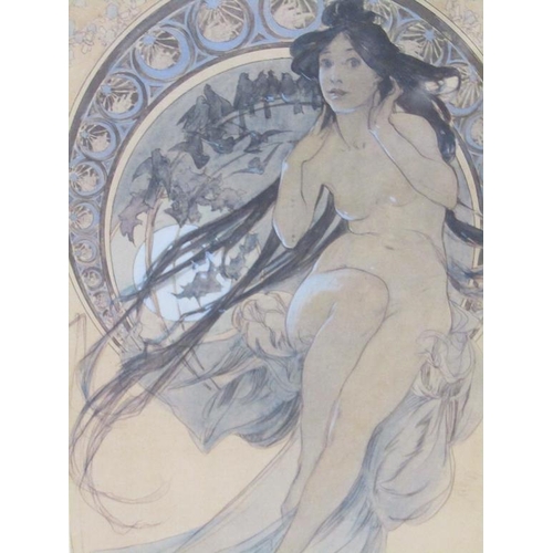 1234 - UNSIGNED - NAKED FEMALE IN ART NOUVEAU STYLE, FRAMED COLOURED PRINT, F/G, 25CM X 15CM