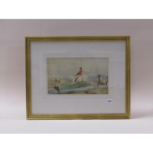 1237 - UNSIGNED LATE 19C - HUNTSMAN JUMPING A STREAM, WATERCOLOUR, F/G, 22CM X 37CM