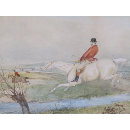 1237 - UNSIGNED LATE 19C - HUNTSMAN JUMPING A STREAM, WATERCOLOUR, F/G, 22CM X 37CM