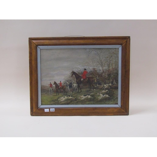 1238 - UNSIGNED LATE 19C/EARLY 20C - HUNTSMAN AND HOUNDS, OIL ON BOARD, FRAMED, 41CM X 55CM