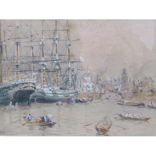 1245 - SIGNED AND TITLED INDISTINCTLY - EARLY 19C BUSY HARBOUR SCENE, WATERCOLOUR, F/G, 19CM X 26CM