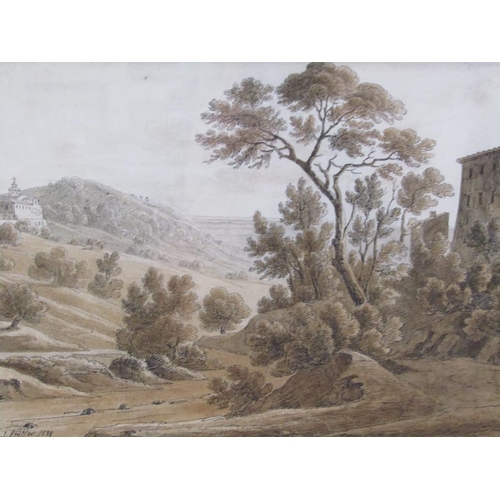 1248 - JOST PFYFFER 1838 - PAIR, SOUTHERN EUROPEAN LANDSCAPE & LAKE WITH FIGURES, SIGNED SEPIA WATERCOLOURS... 