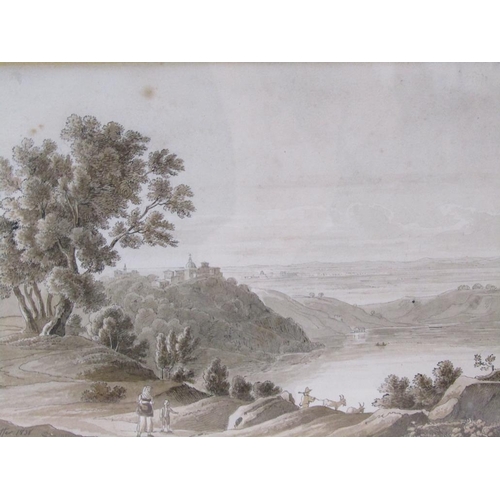 1248 - JOST PFYFFER 1838 - PAIR, SOUTHERN EUROPEAN LANDSCAPE & LAKE WITH FIGURES, SIGNED SEPIA WATERCOLOURS... 