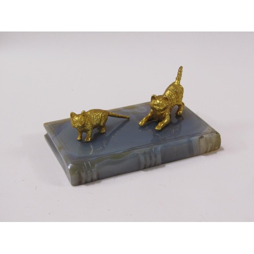 1476 - CARVED MARBLE TABLET MODELLED AS A BOOK AND TWO GILT METAL CATS