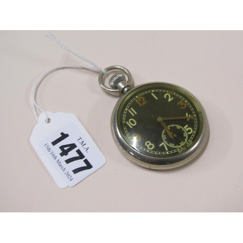 1477 - MILITARY ISSUED STAINLESS STEEL POCKET WATCH WITH BLACK FACE, LUMINOUS DIAL, MILITARY CIPHER TO REAR... 