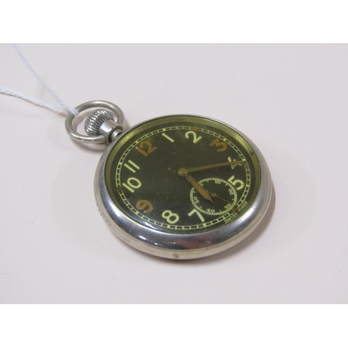 1477 - MILITARY ISSUED STAINLESS STEEL POCKET WATCH WITH BLACK FACE, LUMINOUS DIAL, MILITARY CIPHER TO REAR... 