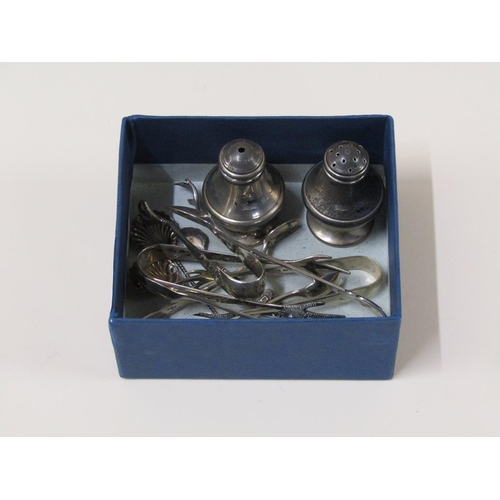 1481 - BOX OF MIXED SILVER TO INC. SALT AND PEPPER, FIVE PAIRS OF SILVER SUGAR TONGS AND THREE SALT SPOONS ... 