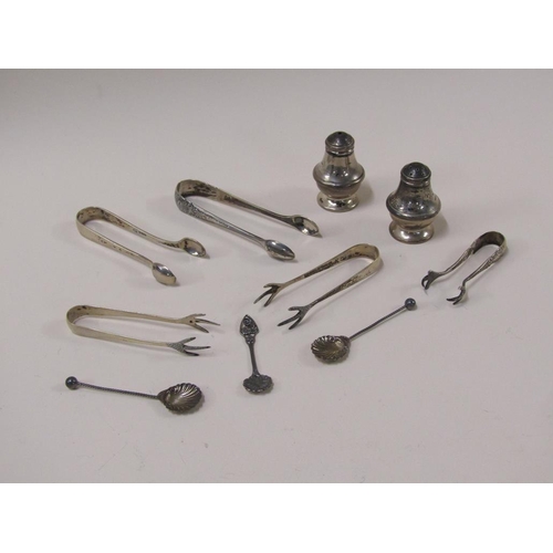 1481 - BOX OF MIXED SILVER TO INC. SALT AND PEPPER, FIVE PAIRS OF SILVER SUGAR TONGS AND THREE SALT SPOONS ... 