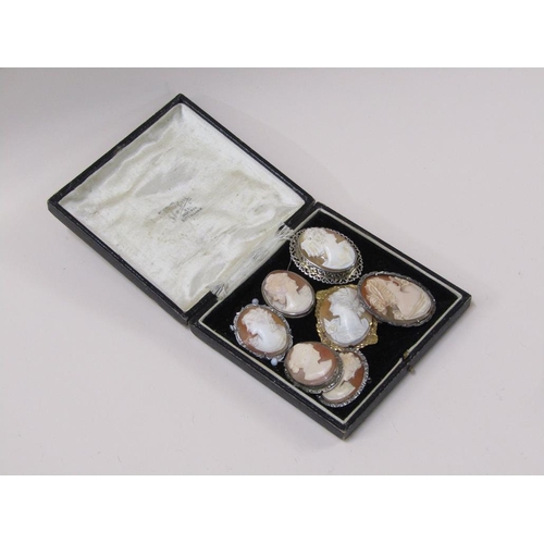 1483 - BOX OF SIX SILVER AND ONE ROLLED GOLD CAMEO BROOCHES PLUS A 9ct GOLD CAMEO PENDANT