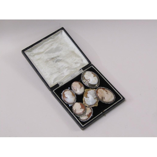 1483 - BOX OF SIX SILVER AND ONE ROLLED GOLD CAMEO BROOCHES PLUS A 9ct GOLD CAMEO PENDANT