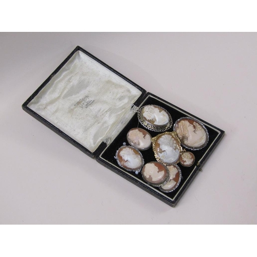 1483 - BOX OF SIX SILVER AND ONE ROLLED GOLD CAMEO BROOCHES PLUS A 9ct GOLD CAMEO PENDANT