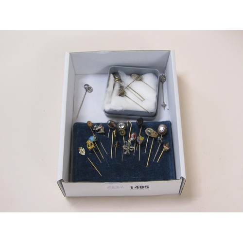 1485 - BOX OF HATPINS TO INC. GOLD, SILVER, ENAMEL ETC.