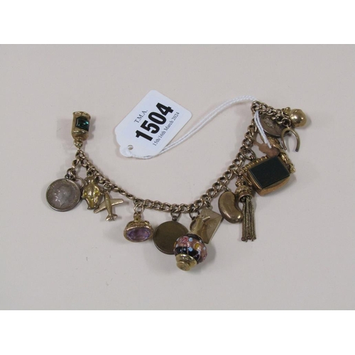 1504 - 9ct GOLD CHARM BRACELET SET WITH 13 GOLD CHARMS AND THREE MINIATURE MEDALS (BASE METAL) TOTAL WEIGHT... 