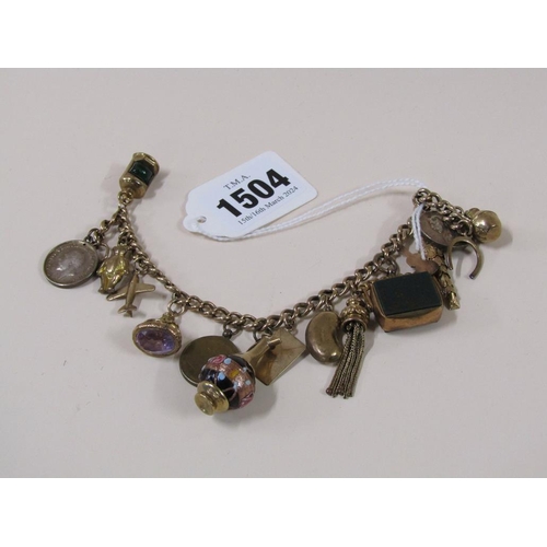 1504 - 9ct GOLD CHARM BRACELET SET WITH 13 GOLD CHARMS AND THREE MINIATURE MEDALS (BASE METAL) TOTAL WEIGHT... 